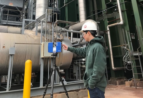 Long-range laser scanning system capturing dimensional data from large
industrial equipment in a production facility